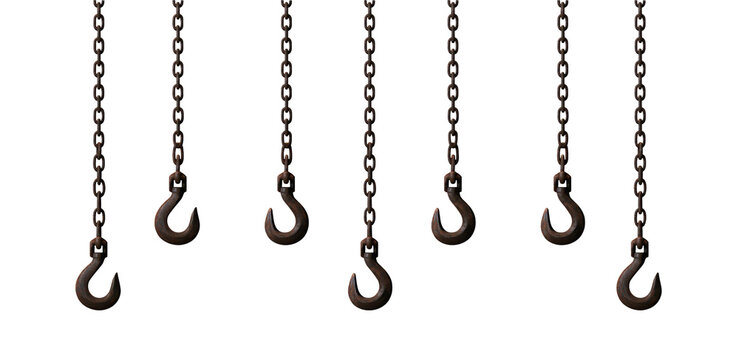Rusty industrial metal chains with hooks hanging down, isolated on transparent background, png