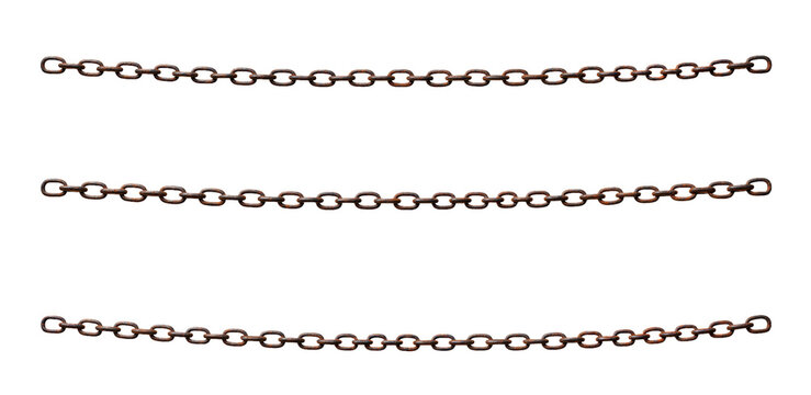 Three horizontal vintage rusty metal chains with weathered links, isolated on transparent background, png