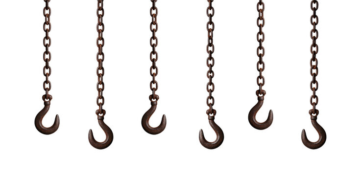 Rusty iron chains with hooks hanging vertically, isolated on transparent background, png