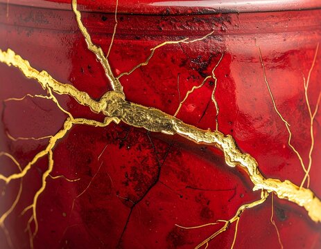 Close up of kintsugi golden repair on red lacquer pottery