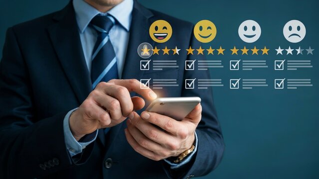 Person using mobile phone to rate service with star rating and smileys showing customer satisfaction and feedback.