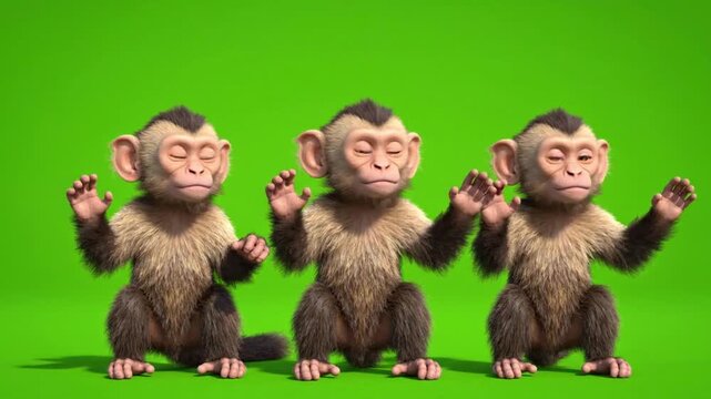 Three Cute Monkeys Dancing and Waving Hands on Green Screen. 4K Video