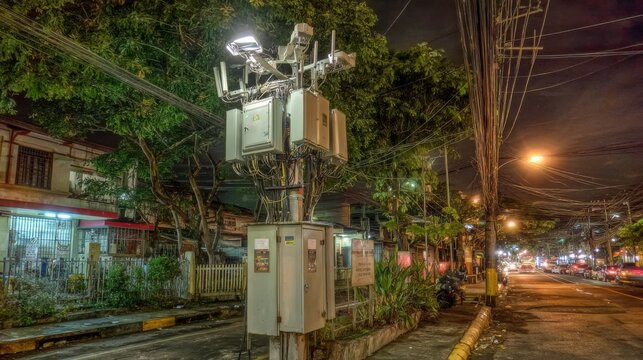 Complex telecommunication distribution pole with multiple antennas and junction boxes on a dimly lit urban street corner at night.
