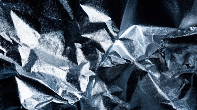 Detailed close-up of crumpled silver foil texture with intricate folds and highlights