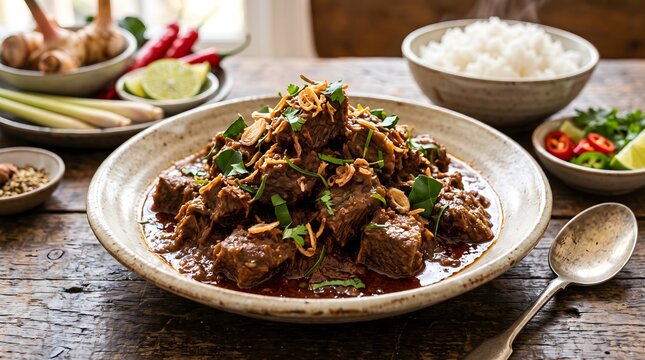 Flavorful Beef Rendang: A close-up shot of a delicious plate of beef rendang, a rich and savory Indonesian curry.