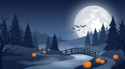 Fototapeta premium Dark haunted forest scene with a small wooden bridge and glowing pumpkins