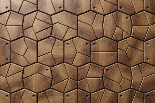 Geometric wooden wall paneling with a hexagonal pattern and irregular polygon shapes featuring small circular holes in a dark brown wood