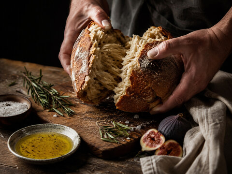 Hands sharing rustic bread with olive oil and figs on a wooden table