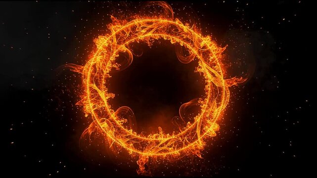 Glowing fiery ring with swirling flames on dark background bright energy circle effect