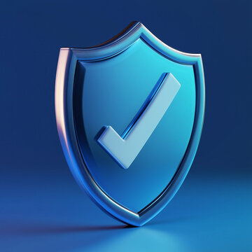Modern glowing shield with checkmark symbolizing security with rendered sleek blue white tones against deep gradient background illuminated shield integrated checkmark symbol