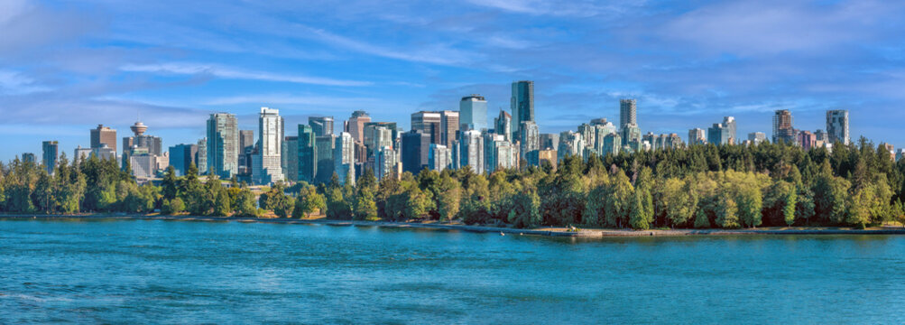 The modern skyline of Vancouver behond the lush forests of Stanley park, British Columbia, Canada