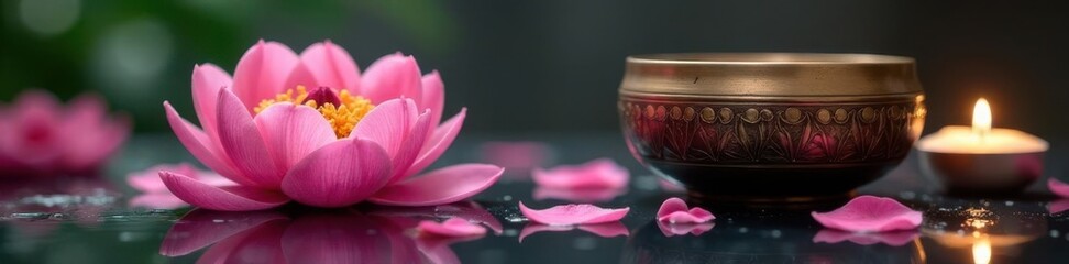 Fototapeta premium Pink peony floats in water beside a Tibetan singing bowl, candles & petals on black stone , top view, peace