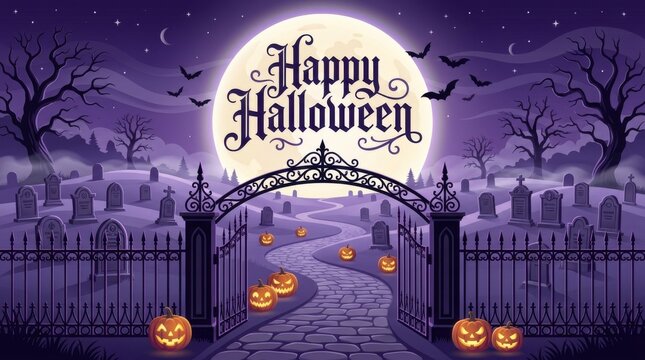 Spooky graveyard with gothic gate and full moon for Halloween event flyer