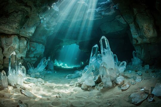 Large clear quartz crystals inside a dark underwater cave with bright sun rays filtering through the water surface onto the sandy cavern floor