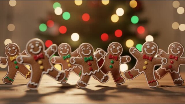 Festive gingerbread cookies with colorful icing and Christmas lights background in cozy holiday setting