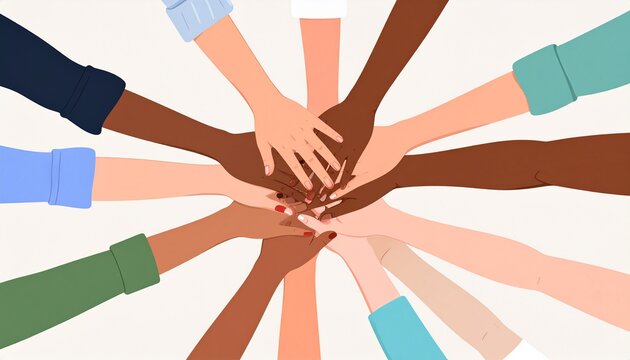Diverse team joining hands in unity symbolizing collaboration and open workspace teamwork