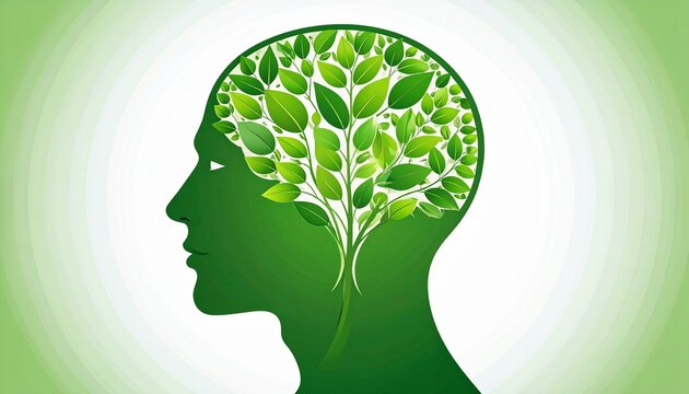 Human head silhouette with green tree brain concept for mental health and ecology growth