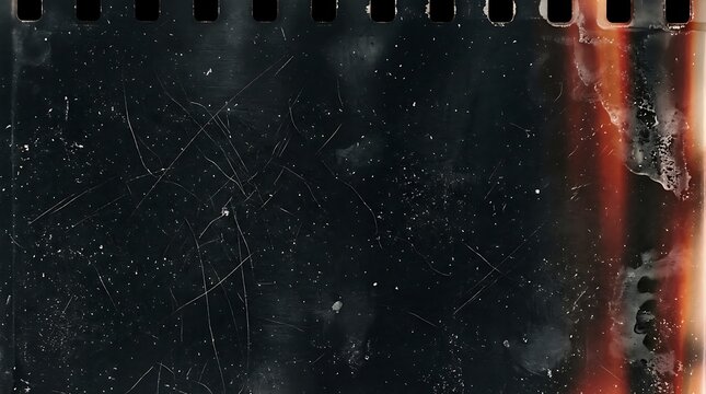 Vintage 35mm film strip frame with heavy scratches dust particles and light leak texture overlay