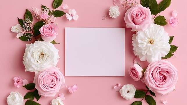 Pink flat‑lay floral card mockup, pink white ranunculus blooms, blank paper sheet, romantic flower arrangement invitation layout graphic
