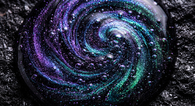Abstract cosmic vortex of swirling purple and teal liquid bubbles