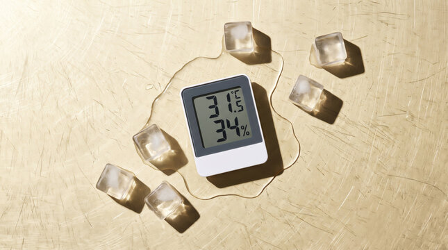 Iced cube thermometer hygrometer heat wave summer extreme. Global warming climate change. hot high temperature sun weather, danger risk emergency crisis