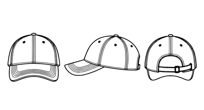 Baseball cap front side rear technical drawing flat vector illustration