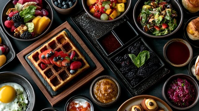 Top view of a gourmet breakfast spread featuring waffles, fresh berries, fried egg, fruit salad, and pastries