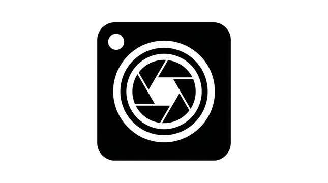 Minimalist camera shutter icon with a rounded square frame in black and white graphic style