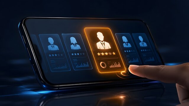 Digital recruitment concept with hand using smartphone to select the best job candidate profile from a glowing HR tech application interface