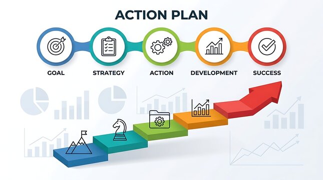 Action plan infographic with circular process steps and ascending staircase arrow showing business growth and development stages