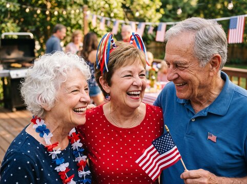 Senior friends celebrating Independence Day outdoors with flags and smiles
