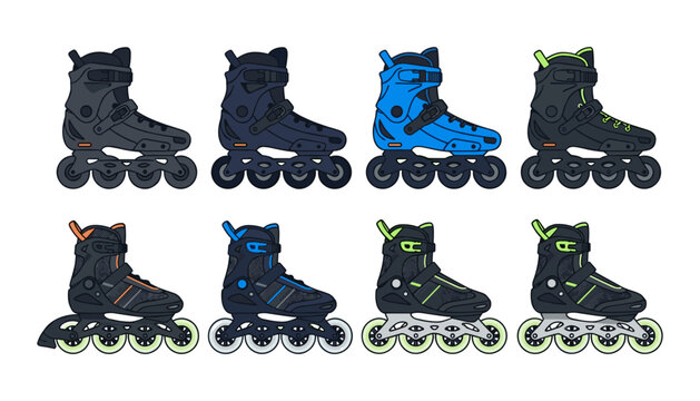 Modern Inline Skates and Rollerblades Vector Icon Set with Professional Freestyle and Urban Roller Skating Boots in Various Color Styles for Extreme Sports Graphics Active Lifestyle and Fitness Design