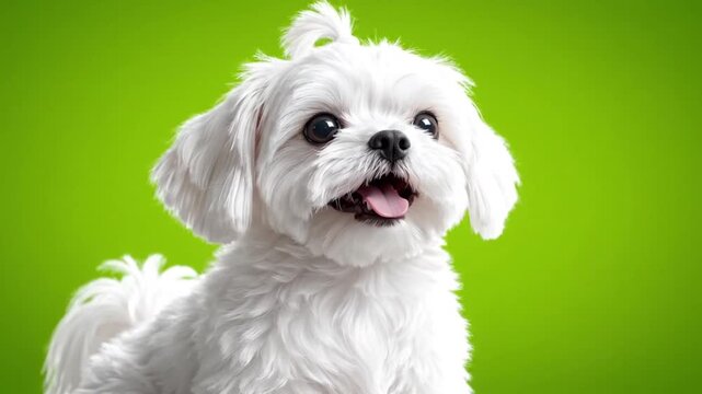 Cute White Maltese Dog Looking at Camera on Green Screen. 4K Video