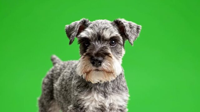 Miniature Schnauzer Dog Looking to the Side on Green Screen. 4K Video