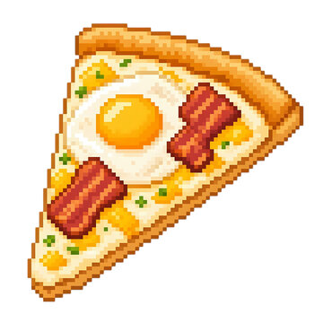 Single breakfast pizza slice, 2D retro 16-bit pixel art, detailed fried egg center, crispy bacon strips and cheddar on cream sauce with chive garnish, transparent background