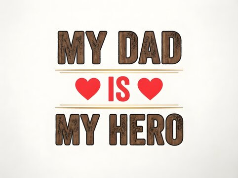 My dad is my hero typography design with wood grain texture and red hearts for fathers day