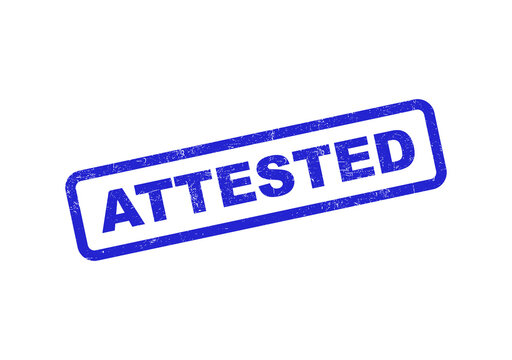 Blue rubber stamp with the word attested in a rectangular frame design isolated on transparent background