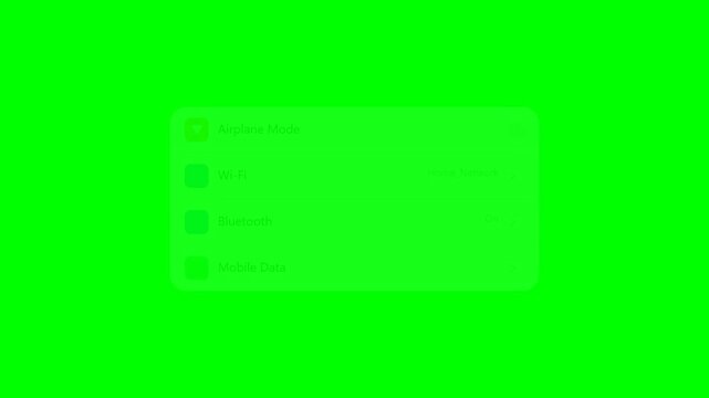 Animation of Mobile Phone Settings Interface with Wi-Fi and Bluetooth Icons on Green Screen Background