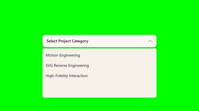 User Interface Dropdown Menu Animation with Project Categories Options on Green Screen Background