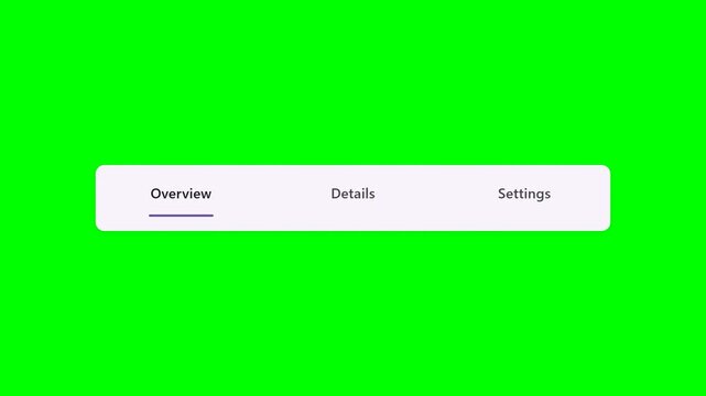 Animated Web Navigation Tab Bar with Overview Details and Settings Options on Green Screen Chroma Key