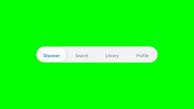 Modern UI Navigation Bar Animation with Discover Search Library and Profile on Green Screen