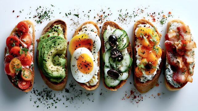 Assortment of delicious bruschetta with various toppings served on a white background