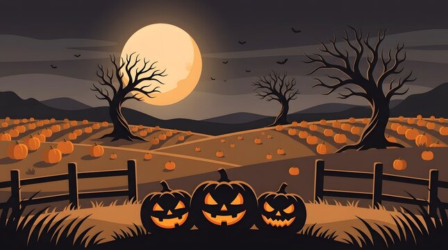 A spooky flat vector halloween background featuring a pumpkin patch under a full moon with silhouetted dead trees and fence