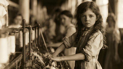 Naklejka premium In 1900, a young child laborer worked in a factory in North Carolina, spinning cotton.