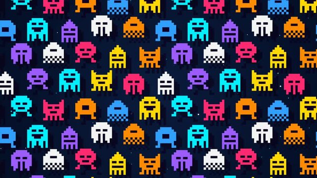 Retro pixel art alien character pattern background