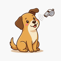 Cute cartoon brown puppy dog sitting and looking up at a silver metallic whistle with sound waves. Obedience training pet illustration isolated on a white background.