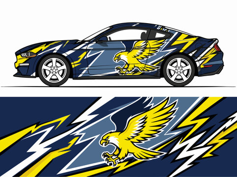 Blue sports car with eagle and lightning decal wrap