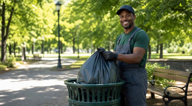 Park worker with trash bag smiling
