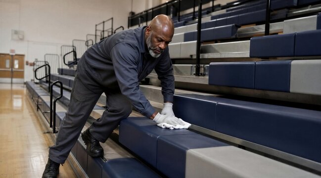 Janitor cleans bleachers in gymnasium