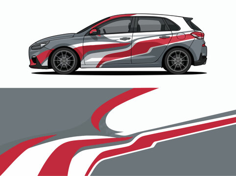 Dynamic race car with bold red and gray design on track